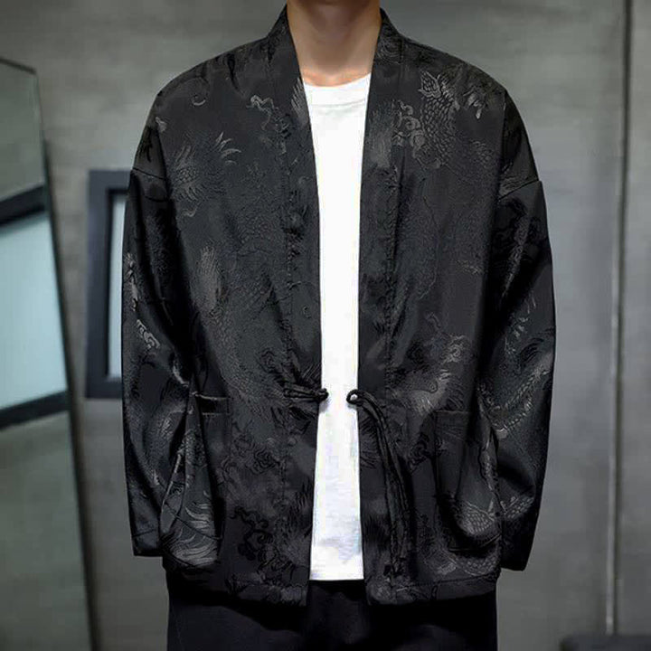 Buddha Stones Męskie kimono w stylu jesiennym z kieszenią i ściągaczem w stylu vintage z motywem smoka - Czarny - US/UK/AU46, EU56 (5XL) - image 0