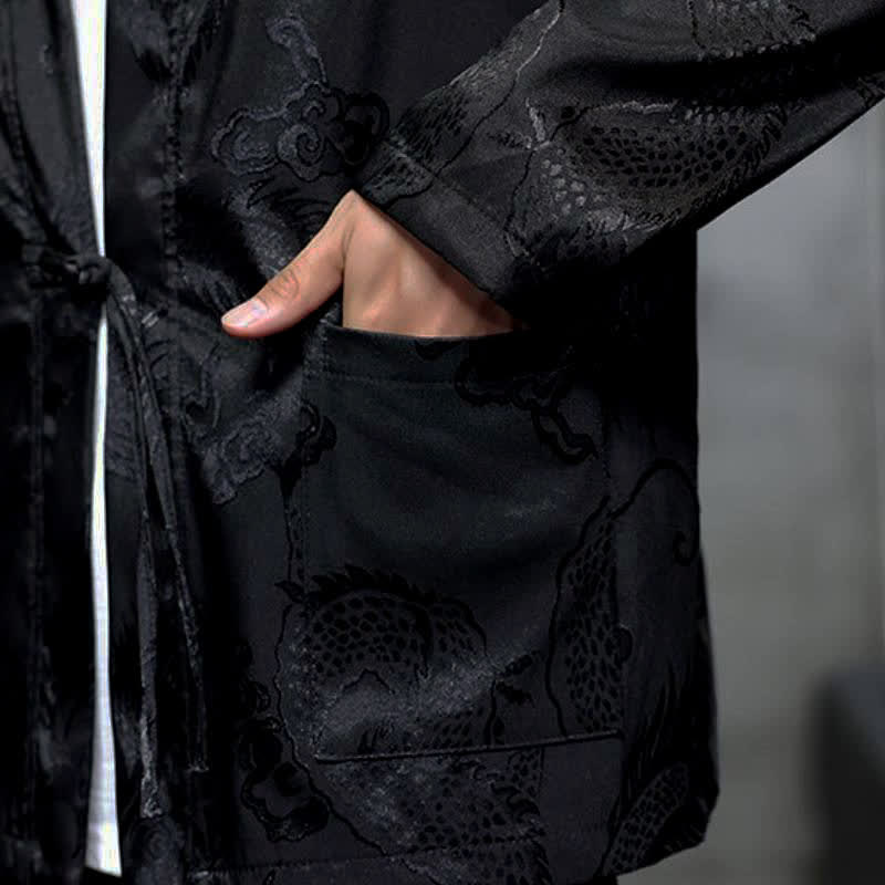 Buddha Stones Męskie kimono w stylu jesiennym z kieszenią i ściągaczem w stylu vintage z motywem smoka - image 9