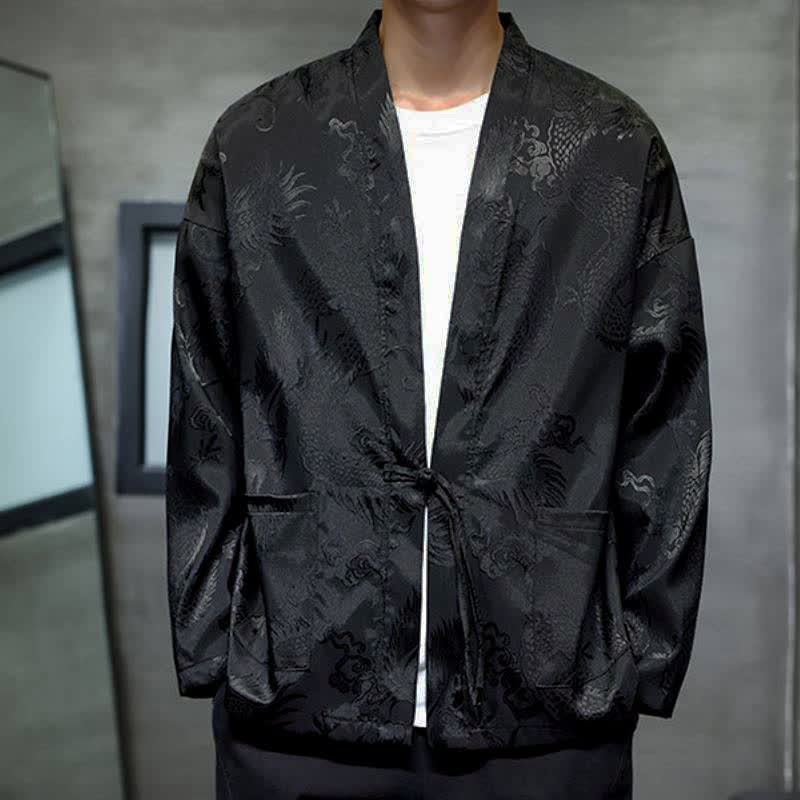 Buddha Stones Męskie kimono w stylu jesiennym z kieszenią i ściągaczem w stylu vintage z motywem smoka - image 3