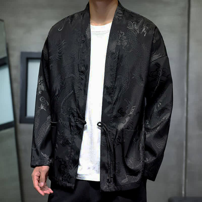 Buddha Stones Męskie kimono w stylu jesiennym z kieszenią i ściągaczem w stylu vintage z motywem smoka - image 5