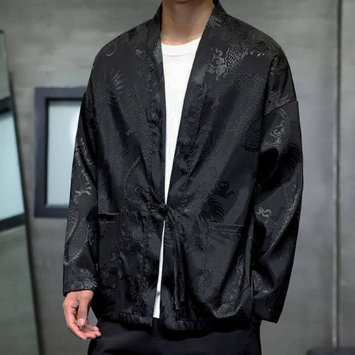 Buddha Stones Męskie kimono w stylu jesiennym z kieszenią i ściągaczem w stylu vintage z motywem smoka - image 2