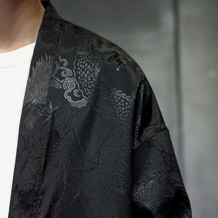 Buddha Stones Męskie kimono w stylu jesiennym z kieszenią i ściągaczem w stylu vintage z motywem smoka - image 7