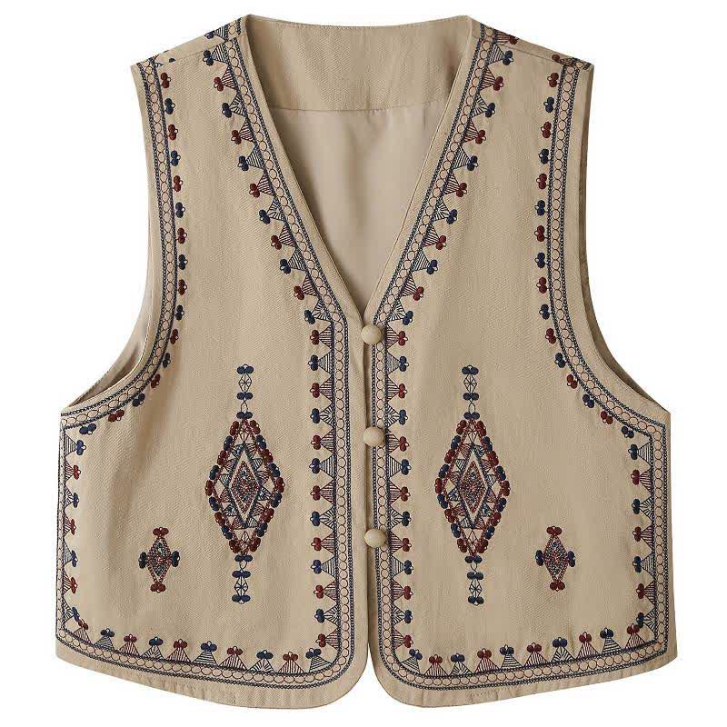 Buddha Stones Letnia koszulka bez rękawów w stylu boho vintage z haftem geometrycznym - Dębnik - US8-10, UK/AU12-14, EU40-42 (2XL) - image 0