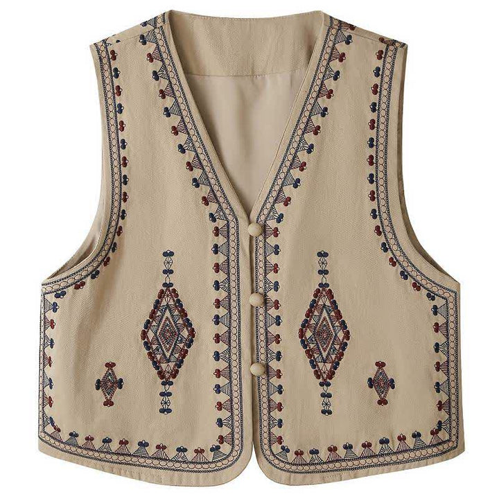 Buddha Stones Letnia koszulka bez rękawów w stylu boho vintage z haftem geometrycznym - Dębnik - US8-10, UK/AU12-14, EU40-42 (2XL) - image 0
