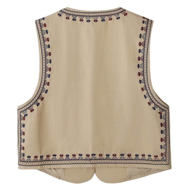 Buddha Stones Letnia koszulka bez rękawów w stylu boho vintage z haftem geometrycznym - image 1