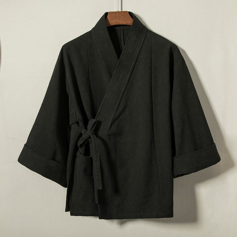 Buddha Stones Jesienno-zimowe, minimalistyczne, sznurowane, bawełniane, męskie kimono ze ściągaczem i dekoltem w serek - Czarny - US/UK/AU44， EU54 (4XL) - image 8