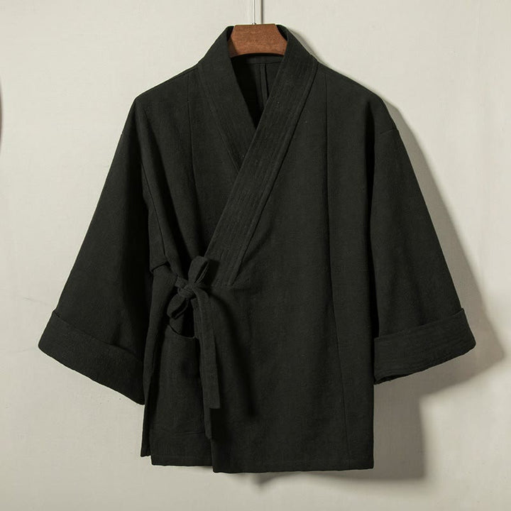 Buddha Stones Jesienno-zimowe, minimalistyczne, sznurowane, bawełniane, męskie kimono ze ściągaczem i dekoltem w serek - Czarny - US/UK/AU44， EU54 (4XL) - image 8