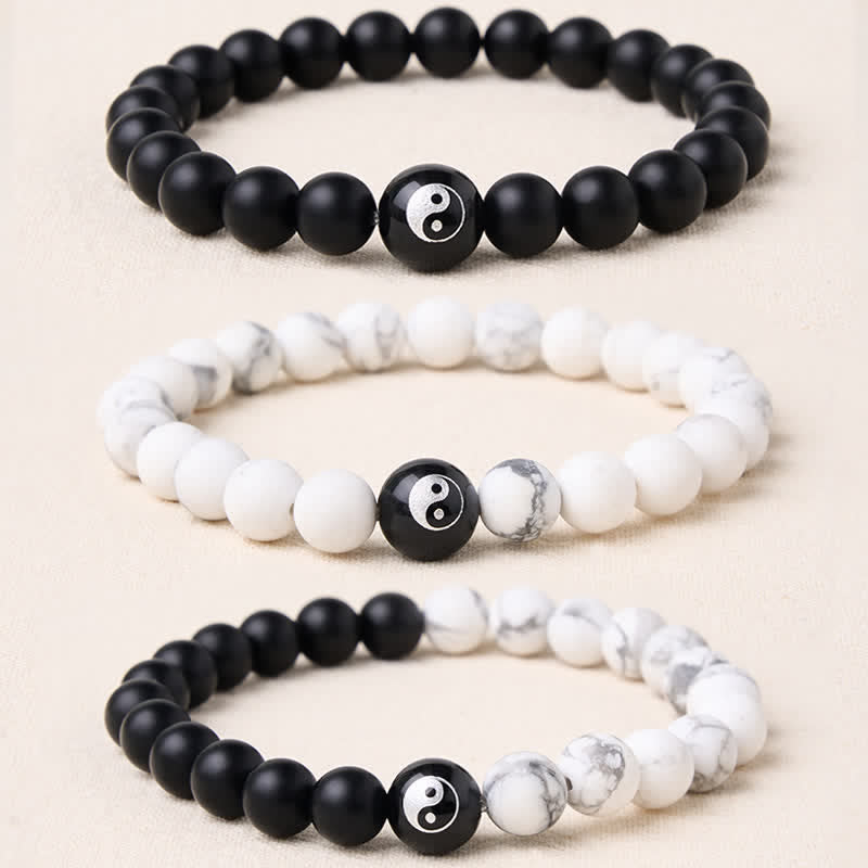 Buddha Stones Bransoletka z okrągłymi koralikami w kolorze czarnego onyksu i białego turkusu, z czarnym obsydianem i yin yang - image 0