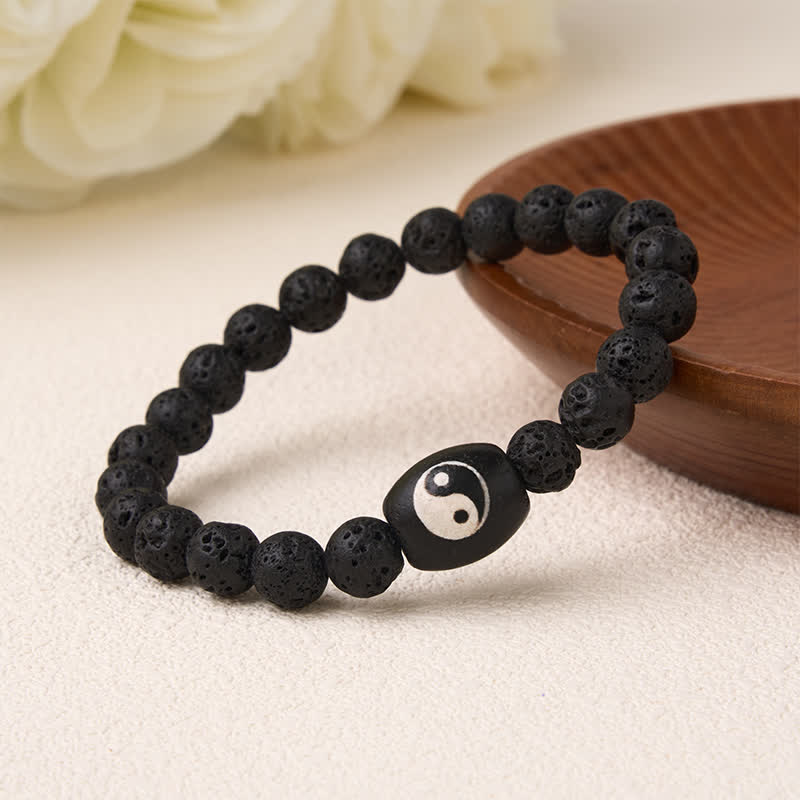 Buddha Stones Bransoletka z koralikami Yin Yang z czarnego onyksu i skały lawowej - image 1