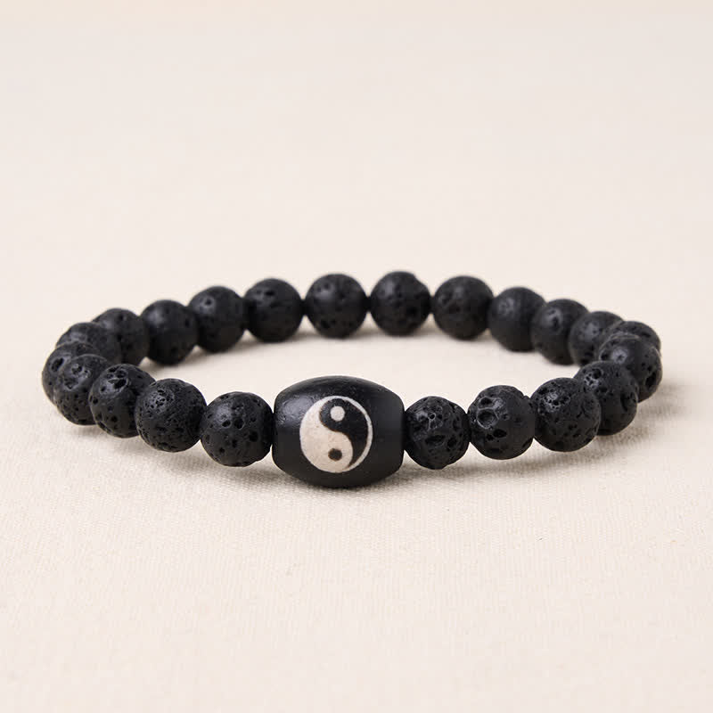 Buddha Stones Bransoletka z koralikami Yin Yang z czarnego onyksu i skały lawowej - Kamień lawowy (obwód nadgarstka: 15–16 cm) - image 0
