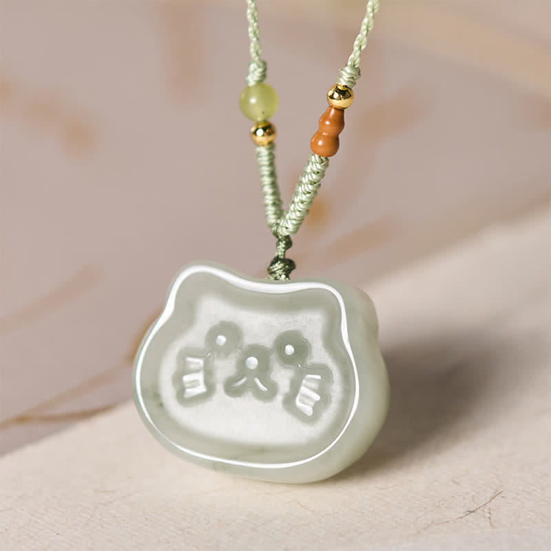 Buddha Stones Naszyjnik z naturalnego jadeitu z kotem Harmony, tkany ręcznie - image 2