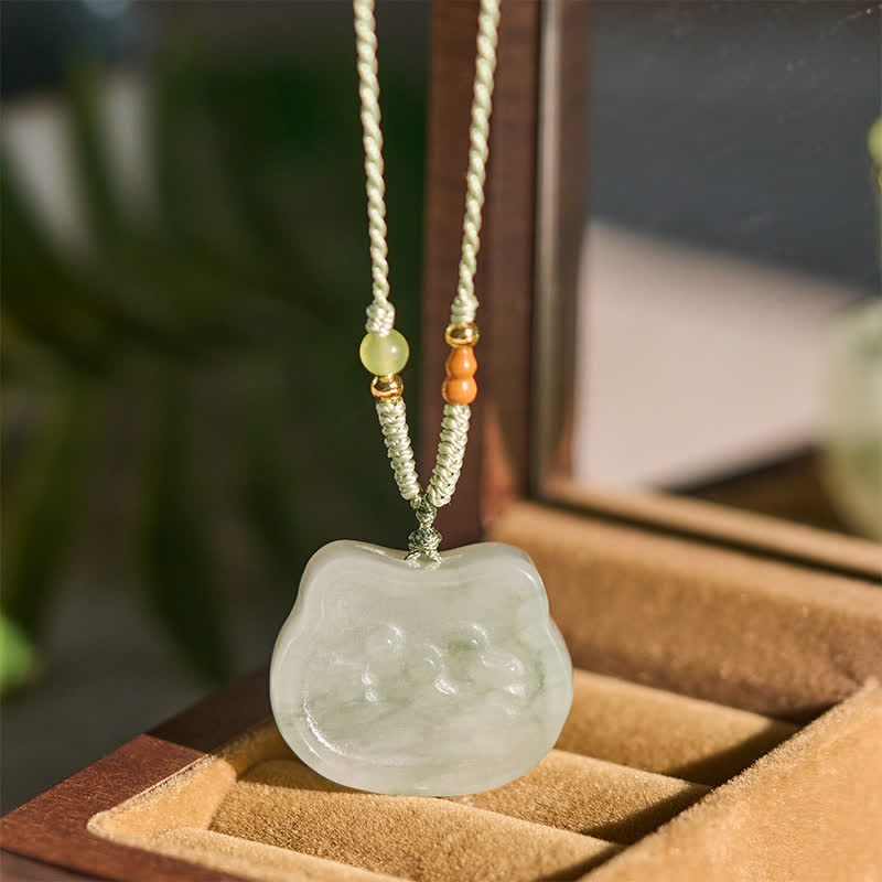 Buddha Stones Naszyjnik z naturalnego jadeitu z kotem Harmony, tkany ręcznie - image 4