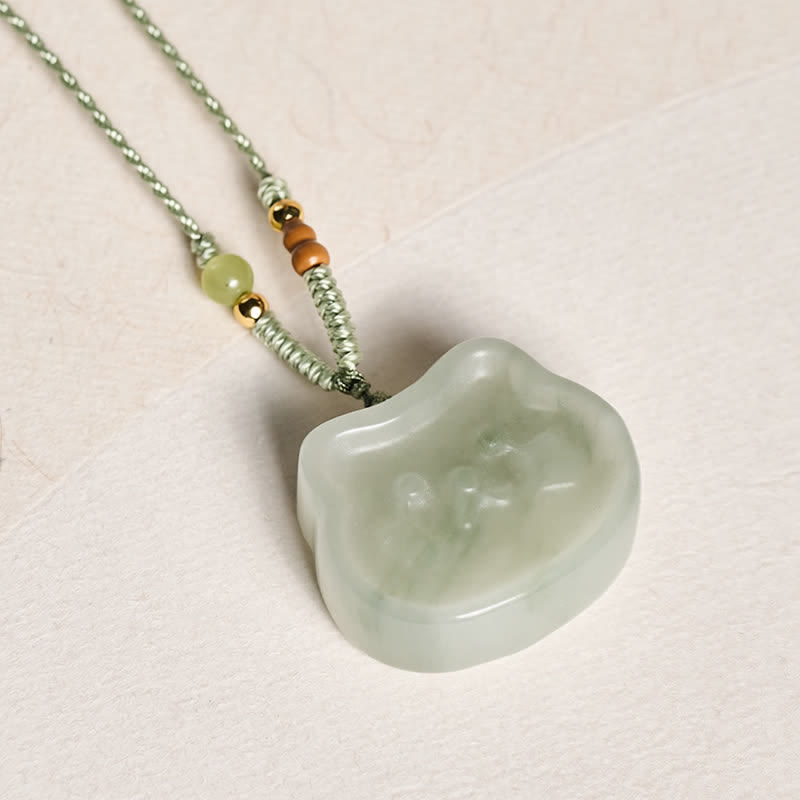 Buddha Stones Naszyjnik z naturalnego jadeitu z kotem Harmony, tkany ręcznie - image 3
