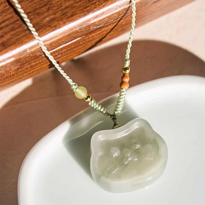 Buddha Stones Naszyjnik z naturalnego jadeitu z kotem Harmony, tkany ręcznie - image 1