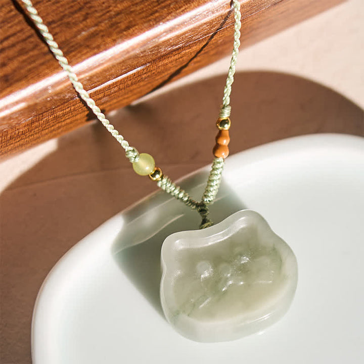 Buddha Stones Naszyjnik z naturalnego jadeitu z kotem Harmony, tkany ręcznie - image 1