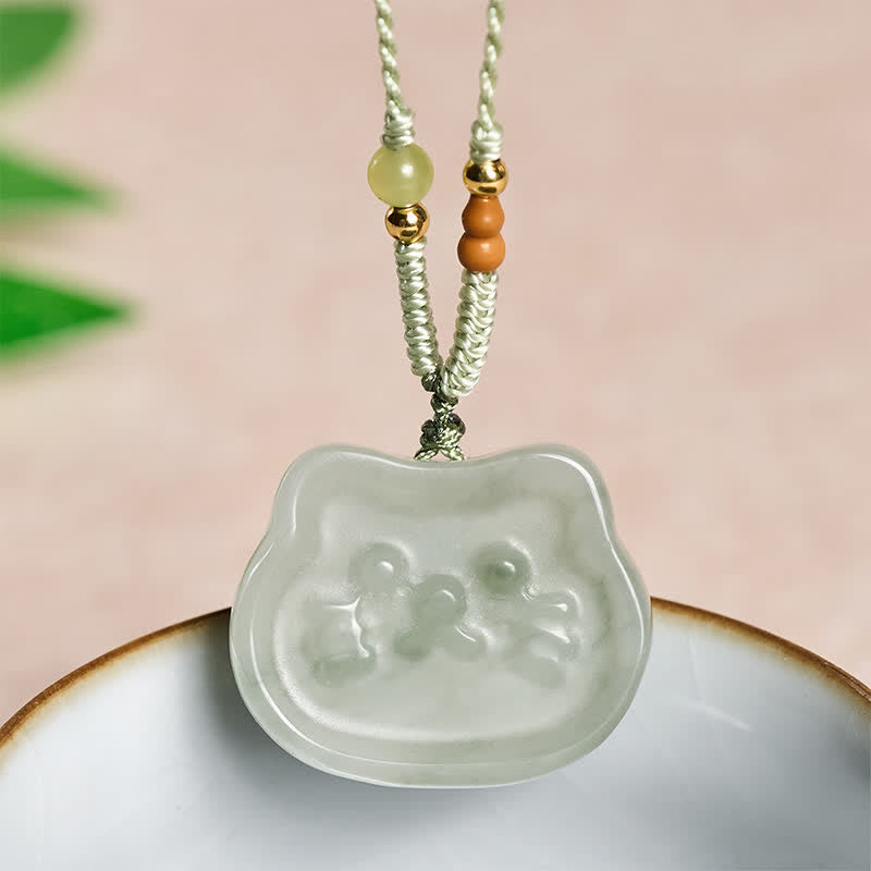 Buddha Stones Naszyjnik z naturalnego jadeitu z kotem Harmony, tkany ręcznie - Naturalny jadeit (kolor może się różnić) - image 0
