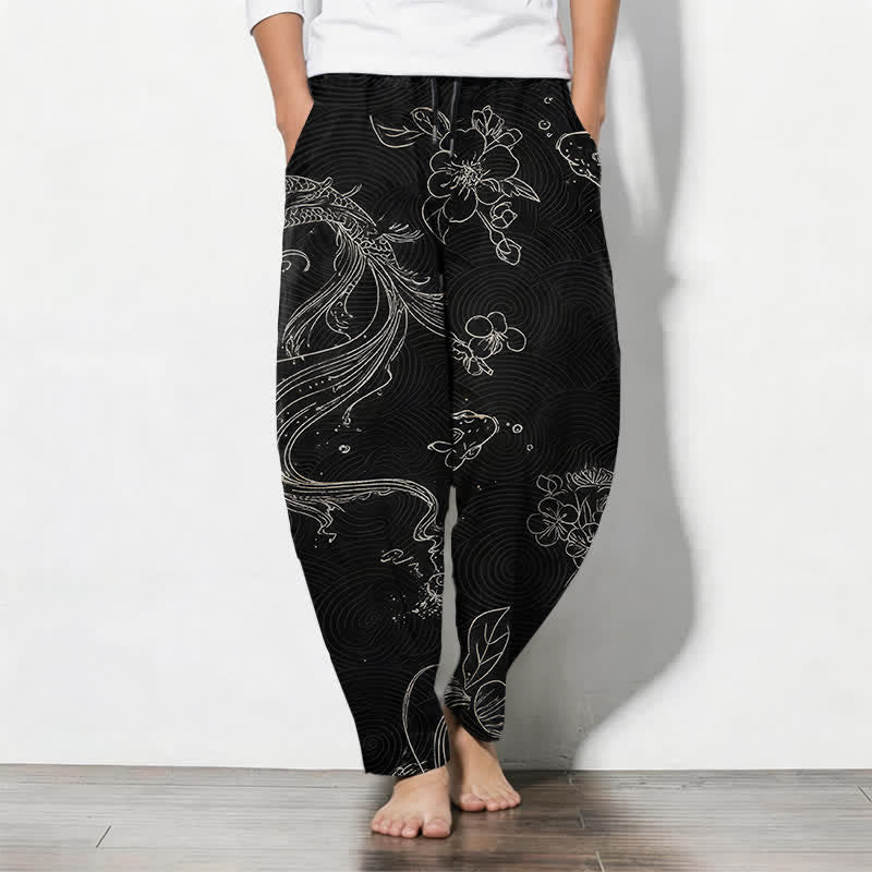 Buddha Stones Spodnie męskie zwężane z czystej bawełny z motywem fal kwiatowych Koi, ze ściągaczem i kieszeniami - Czarny - US/UK/AU50, EU60 (5XL) - image 0