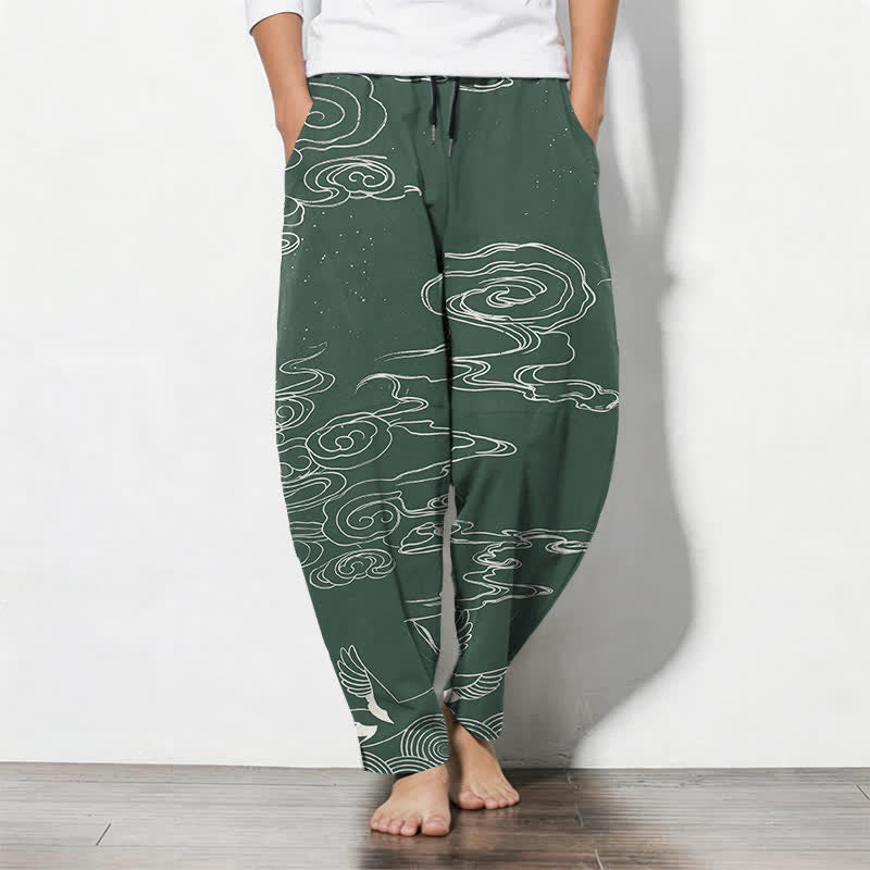 Buddha Stones Spodnie męskie zwężane z czystej bawełny z motywem żurawia i ściągaczem, z kieszeniami - MediumSeaGreen - US/UK/AU50, EU60 (5XL) - image 0