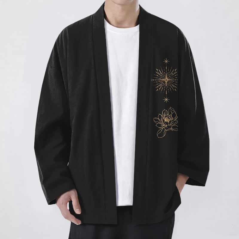 Buddha Stones Bawełniane kimono męskie z odkrytym przodem i wzorem gwiazdy Lotus Radiant - Czarny - US/UK/AU48， EU58 (4XL) - image 0