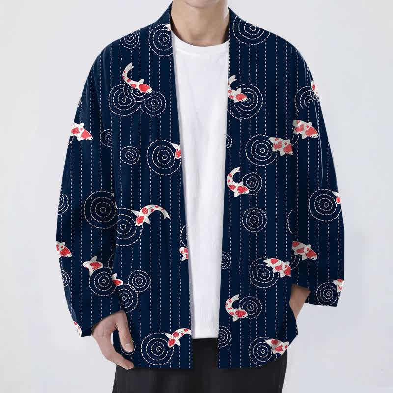 Buddha Stones Męskie kimono z bawełny z wzorem Koi Ripple z otwartym przodem - Marynarka wojenna - US/UK/AU48， EU58 (4XL) - image 0