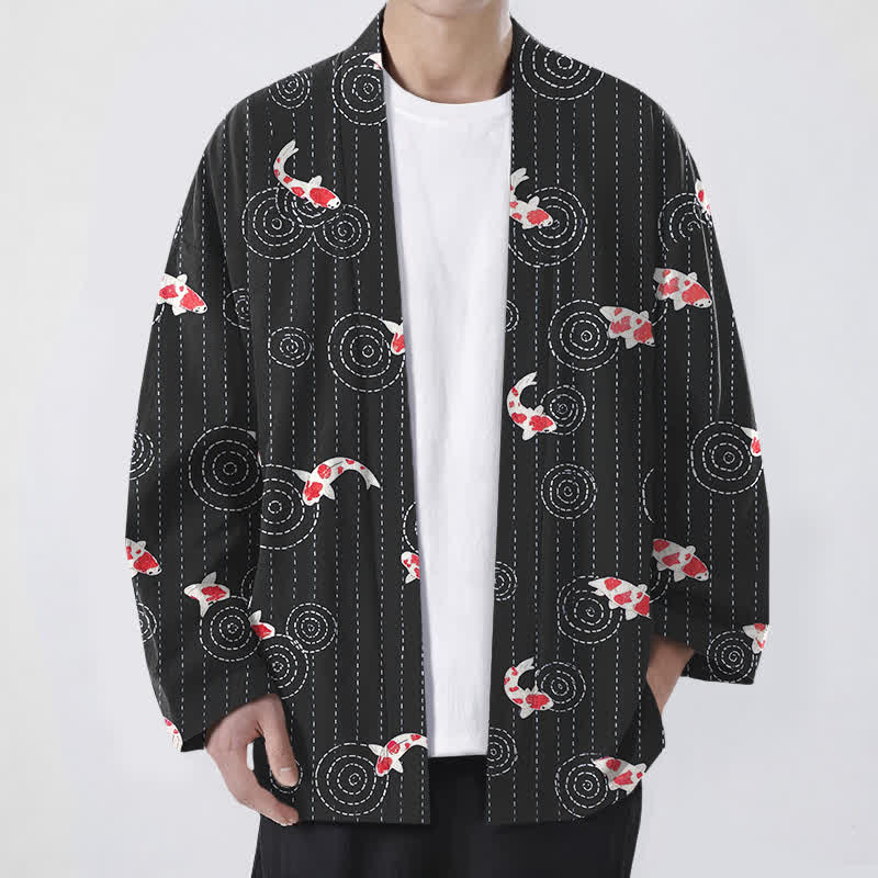 Buddha Stones Męskie kimono z bawełny z wzorem Koi Ripple z otwartym przodem - Czarny - US/UK/AU48， EU58 (4XL) - image 6