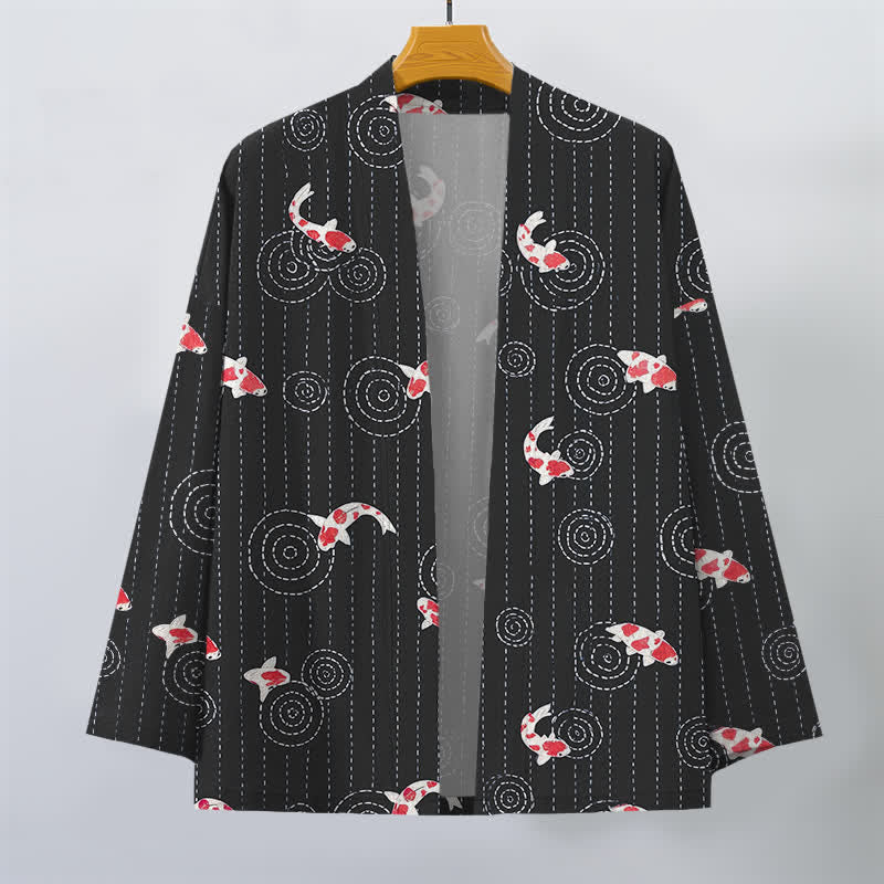 Buddha Stones Męskie kimono z bawełny z wzorem Koi Ripple z otwartym przodem - image 7