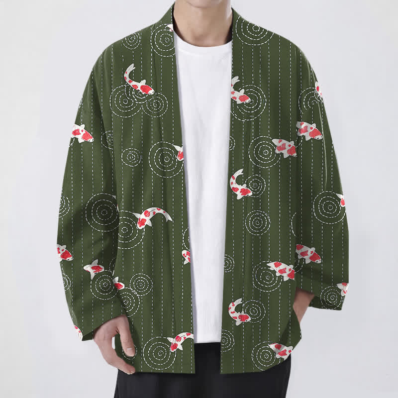 Buddha Stones Męskie kimono z bawełny z wzorem Koi Ripple z otwartym przodem - DarkOliveGreen - US/UK/AU48， EU58 (4XL) - image 9