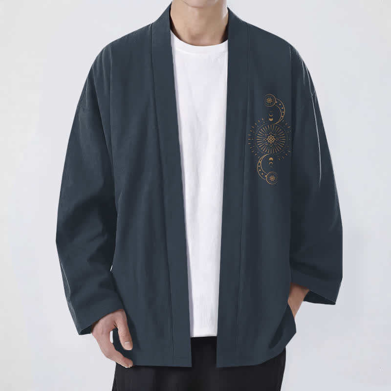 Buddha Stones Bawełniane kimono męskie z fazą księżyca i wzorem słońca z otwartym przodem - DarkSlateGray - US/UK/AU48， EU58 (4XL) - image 0
