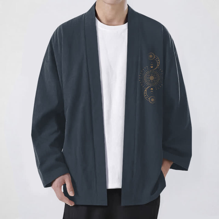 Buddha Stones Bawełniane kimono męskie z fazą księżyca i wzorem słońca z otwartym przodem - DarkSlateGray - US/UK/AU48， EU58 (4XL) - image 0
