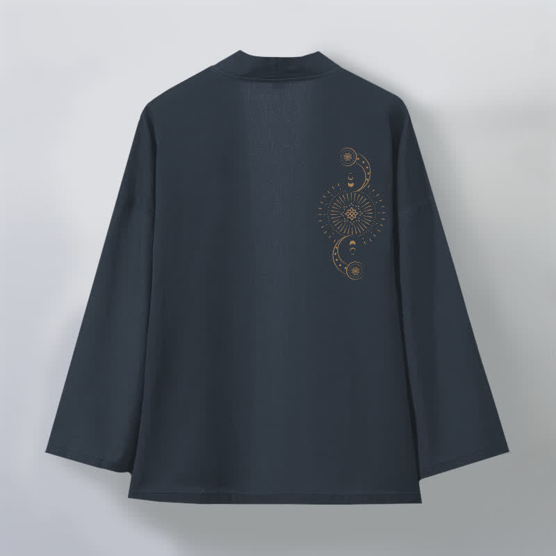Buddha Stones Bawełniane kimono męskie z fazą księżyca i wzorem słońca z otwartym przodem - image 2