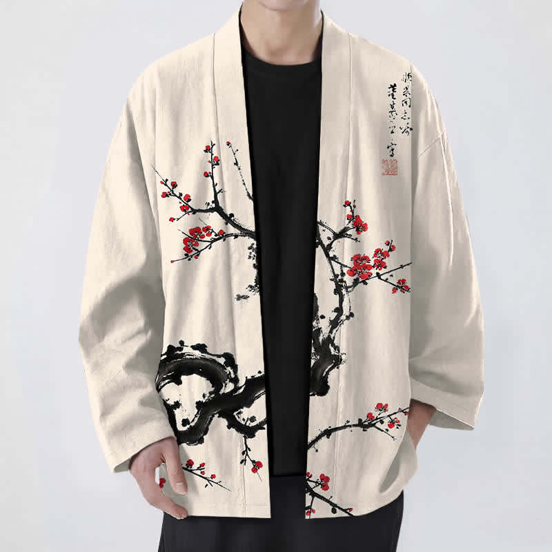 Buddha Stones Męskie kimono z odkrytym przodem i wzorem w kwiaty śliwy z bawełny - Beżowy - US/UK/AU48， EU58 (4XL) - image 0