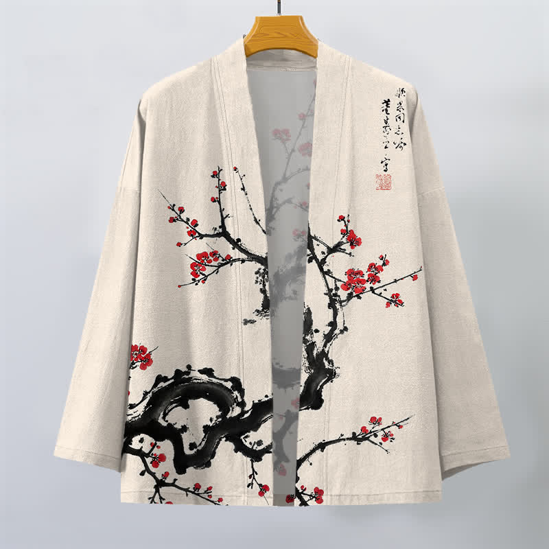 Buddha Stones Męskie kimono z odkrytym przodem i wzorem w kwiaty śliwy z bawełny - image 1
