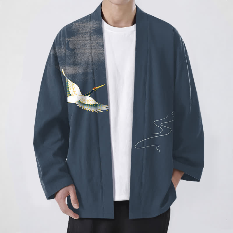 Buddha Stones Męskie kimono z odkrytym przodem i wzorem fal księżycowych z bawełny żurawia - Stalowoniebieski - US/UK/AU48， EU58 (4XL) - image 0