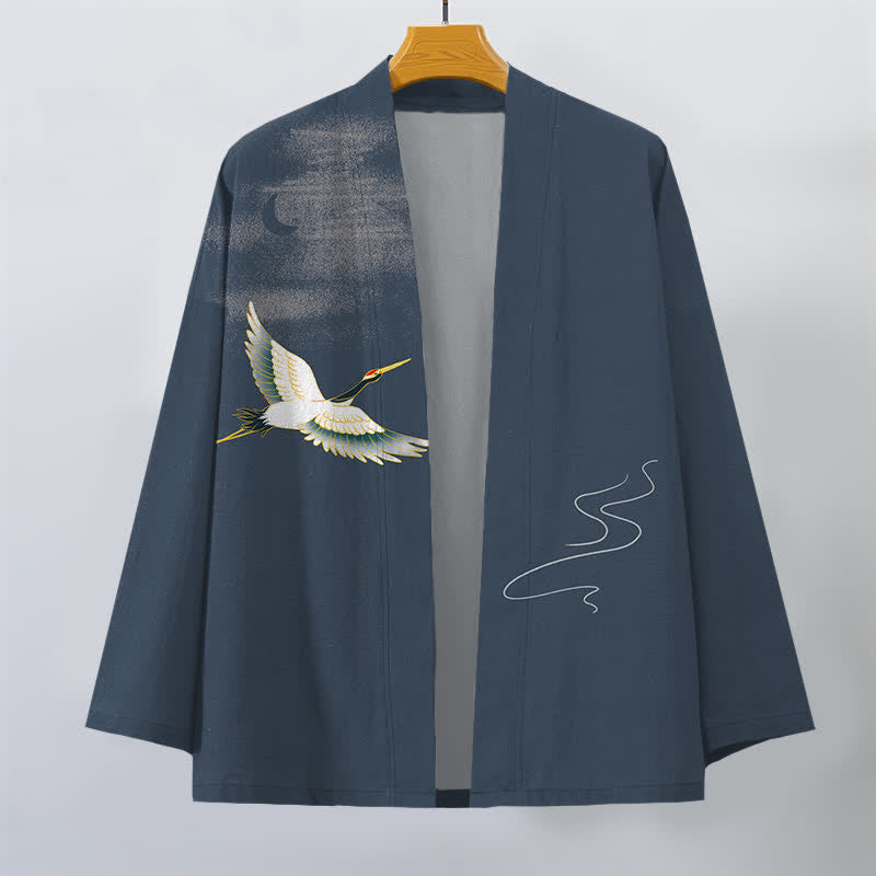 Buddha Stones Męskie kimono z odkrytym przodem i wzorem fal księżycowych z bawełny żurawia - image 1