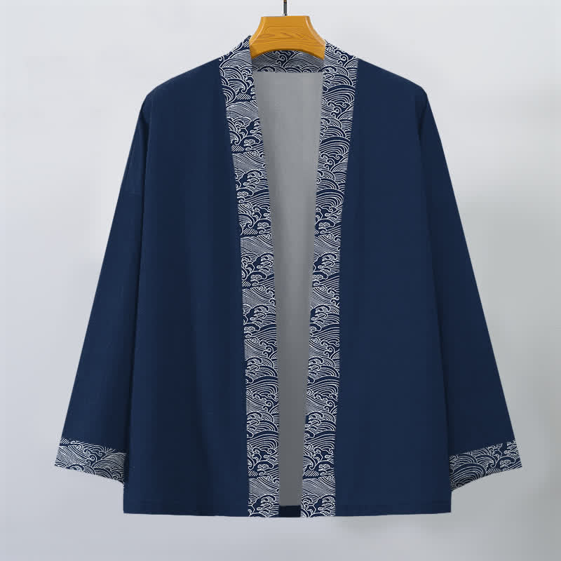 Buddha Stones Męskie kimono z bawełny z odkrytym przodem i wzorem fal oceanicznych - image 1