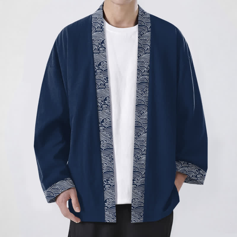 Buddha Stones Męskie kimono z bawełny z odkrytym przodem i wzorem fal oceanicznych - Marynarka wojenna - US/UK/AU48， EU58 (4XL) - image 0