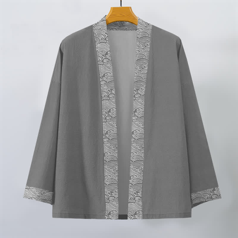 Buddha Stones Męskie kimono z bawełny z odkrytym przodem i wzorem fal oceanicznych - image 7