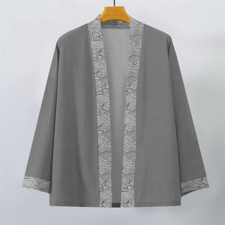 Buddha Stones Męskie kimono z bawełny z odkrytym przodem i wzorem fal oceanicznych - image 7