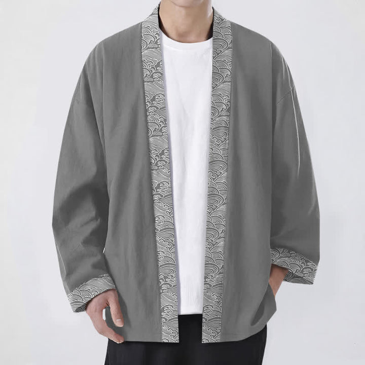Buddha Stones Męskie kimono z bawełny z odkrytym przodem i wzorem fal oceanicznych - Szary - US/UK/AU48， EU58 (4XL) - image 6