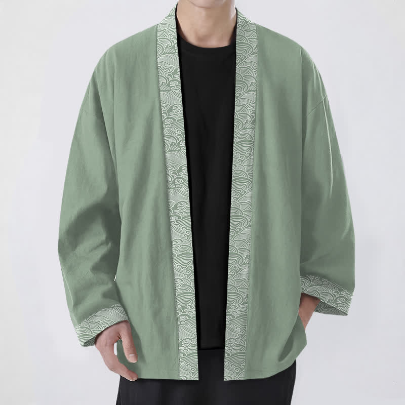 Buddha Stones Męskie kimono z bawełny z odkrytym przodem i wzorem fal oceanicznych - DarkSeaGreen - US/UK/AU48， EU58 (4XL) - image 9