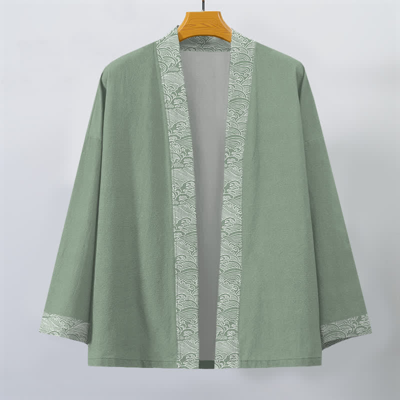 Buddha Stones Męskie kimono z bawełny z odkrytym przodem i wzorem fal oceanicznych - image 10