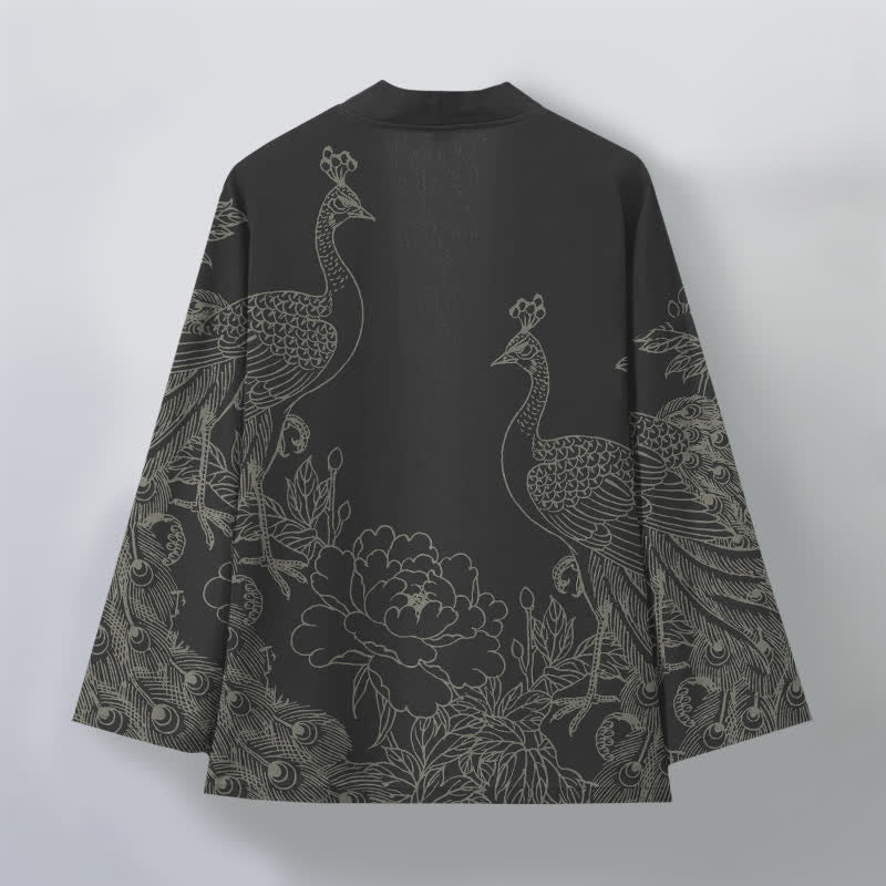 Buddha Stones Bawełniane kimono męskie z otwartym przodem i wzorem pawia i piwonii - image 2