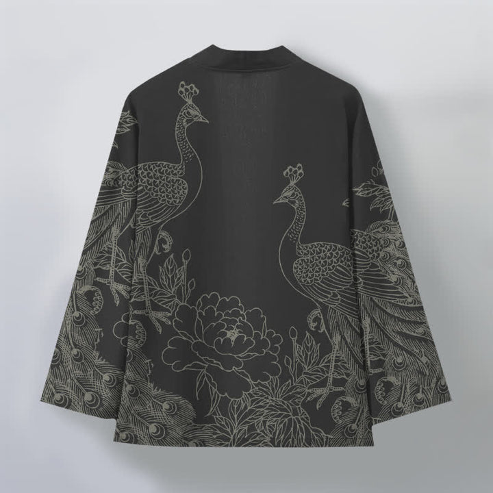 Buddha Stones Bawełniane kimono męskie z otwartym przodem i wzorem pawia i piwonii - image 2