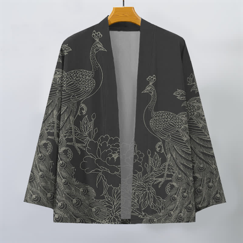 Buddha Stones Bawełniane kimono męskie z otwartym przodem i wzorem pawia i piwonii - image 1