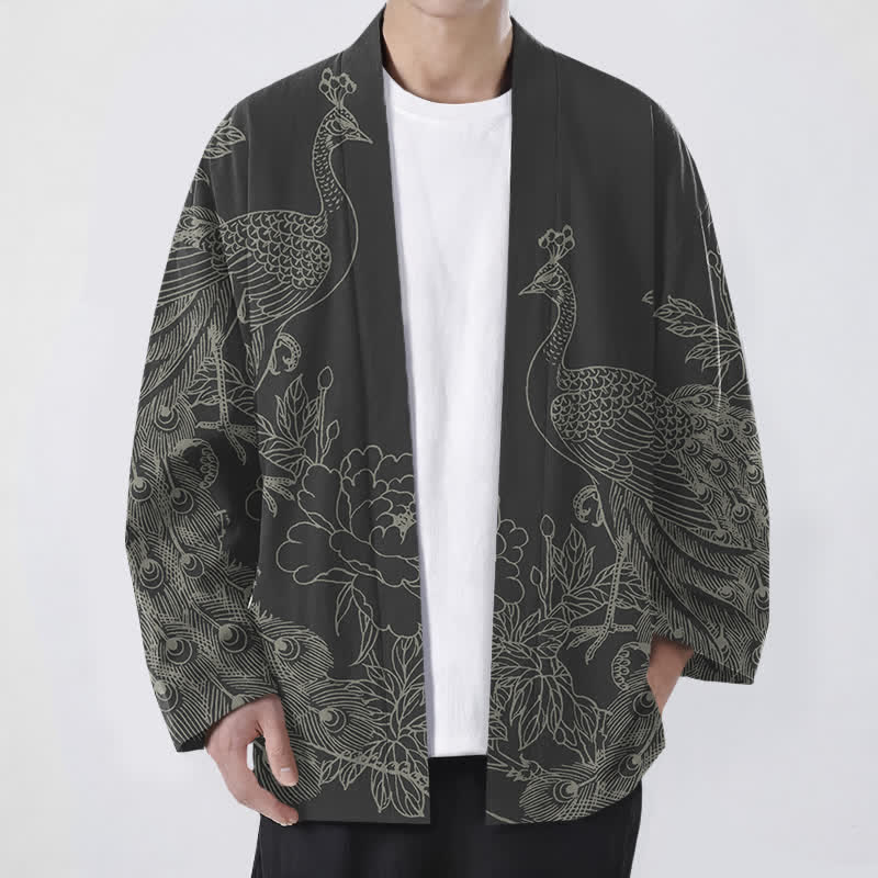 Buddha Stones Bawełniane kimono męskie z otwartym przodem i wzorem pawia i piwonii - Czarny - US/UK/AU48， EU58 (4XL) - image 0