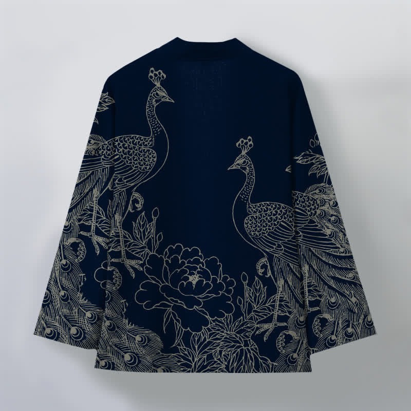 Buddha Stones Bawełniane kimono męskie z otwartym przodem i wzorem pawia i piwonii - image 8