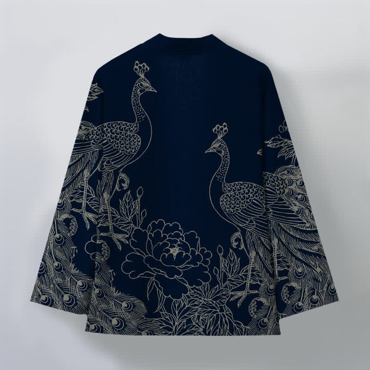 Buddha Stones Bawełniane kimono męskie z otwartym przodem i wzorem pawia i piwonii - image 8