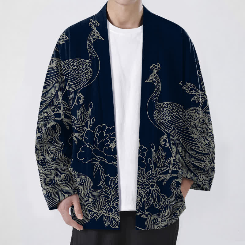 Buddha Stones Bawełniane kimono męskie z otwartym przodem i wzorem pawia i piwonii - Marynarka wojenna - US/UK/AU48， EU58 (4XL) - image 6