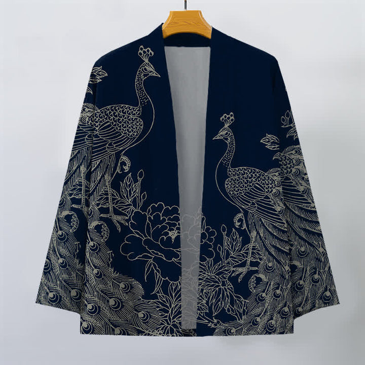 Buddha Stones Bawełniane kimono męskie z otwartym przodem i wzorem pawia i piwonii - image 7