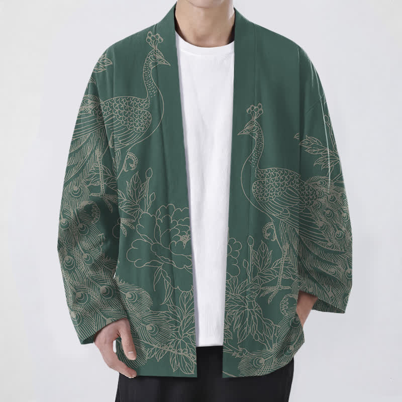 Buddha Stones Bawełniane kimono męskie z otwartym przodem i wzorem pawia i piwonii - MediumSeaGreen - US/UK/AU48， EU58 (4XL) - image 9